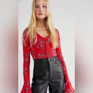 Free People Red Floral Blouse